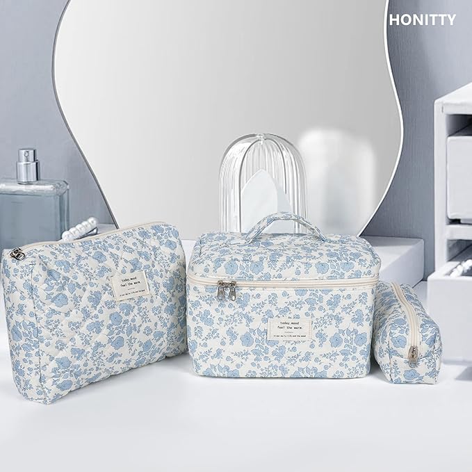 Makeup Bag,Quilted Cosmetic Bag,Large Floral Make Up Bag for Women,Cotton Makeup Bag Set,Flower Travel Toiletry Bag