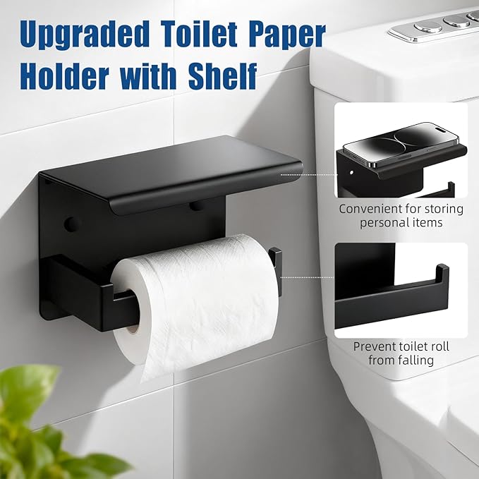 7-Piece Matte Black Bathroom Accessories Hardware Set, Stainless Steel 16" Towel Bar, Towel Ring, Toilet Paper Holder with Shelf, 4 Towel Hooks, Wall Mounted for Bathroom, Kitchen, Hotel