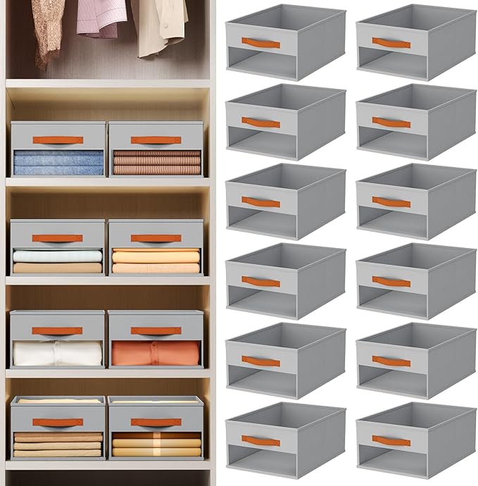 Closet Organizers and Storage - 12 Pack Storage Bins Baskets for Organization Foldable Closet Organizer with Clear Window & Handles for Clothes, Toys, Towels, Small Essentials (Grey)