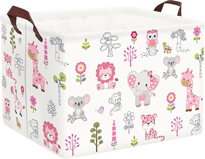 Clastyle Cute Forest Animal Laundry Basket Elephant Lion Kids Clothes Book Storage Basket Gift Toy Box for Bedroom Decor,Pink,40x30x30 cm