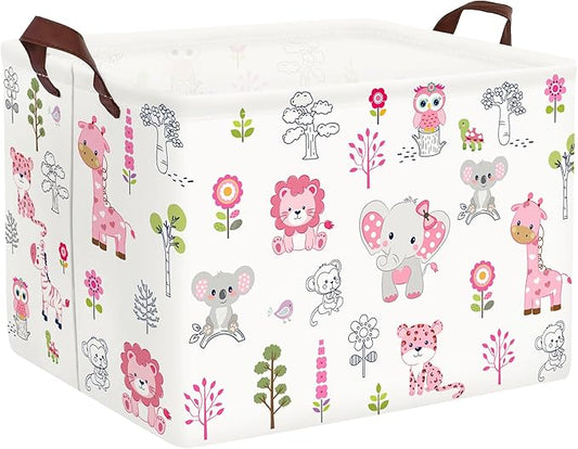 Clastyle Cute Forest Animal Laundry Basket Elephant Lion Kids Clothes Book Storage Basket Gift Toy Box for Bedroom Decor,Pink,40x30x30 cm