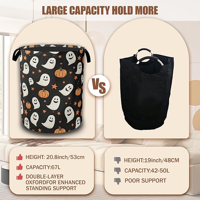 Laundry Hamper,Halloween Pumpkins Ghosts Collapsible Laundry Baskets Waterproof Oxford Cloth With Handles,Clothes Storage Bucket Toy Organizer For Bathroom/Nursery/Bedroom 16" x 20.8"