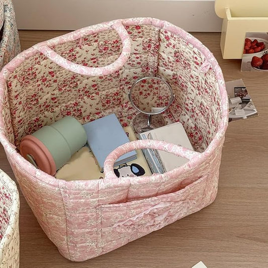 JQWYGB Foldable Laundry Basket Boho Bear Storage Basket Floral Quilted Fabric Car Storage Basket Handles Large Laundry Baskets for Clothes and Dolls