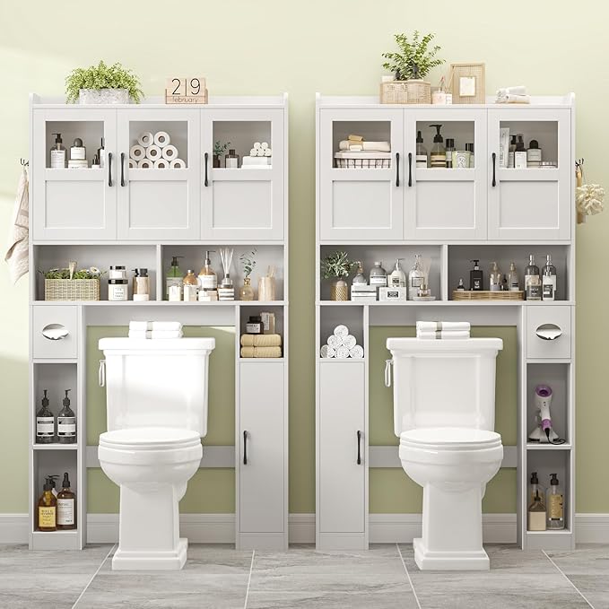 Over The Toilet Cabinet,Farmhouse Toilet Cabinet Rack with 3 Acrylic Doors and Adjustable Storage Shelf,Space Saving Bathroom Organizer with Toilet Paper Holder Stand for Restroom, Laundry，White
