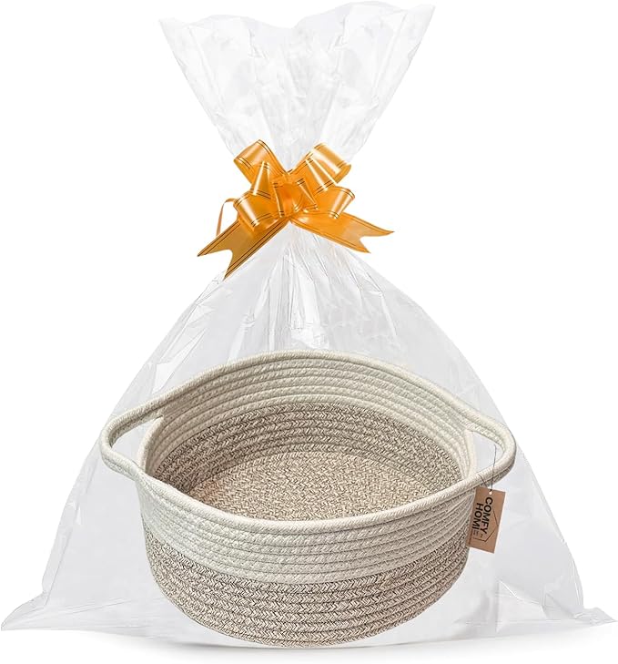 COMFY HOMI Small Woven Gift Baskets with Handles, Gift Bags and Ribbons - Cotton Rope Storage Basket for Organizing, Dog Toy Basket Box, Gift Baskets Empty, Mother’s Day-φ11X5 Inch,（white/brown）