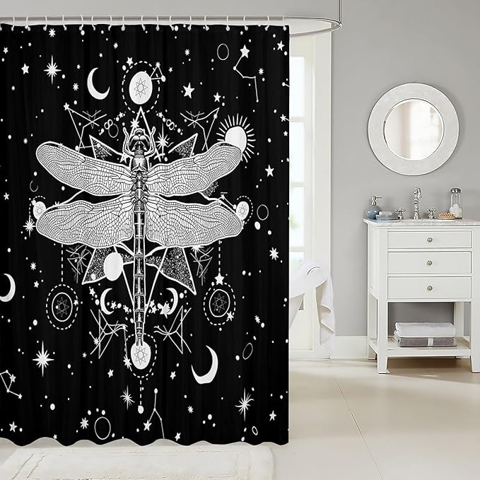 Gothic Moth Shower Curtain,Galaxy Sun and Moon Constellation Boho Style Skull Skeleton Bath Curtain for Kids Bathtubs Decor,Halloween Black White Waterproof Shower Curtain 72" Wx78 L