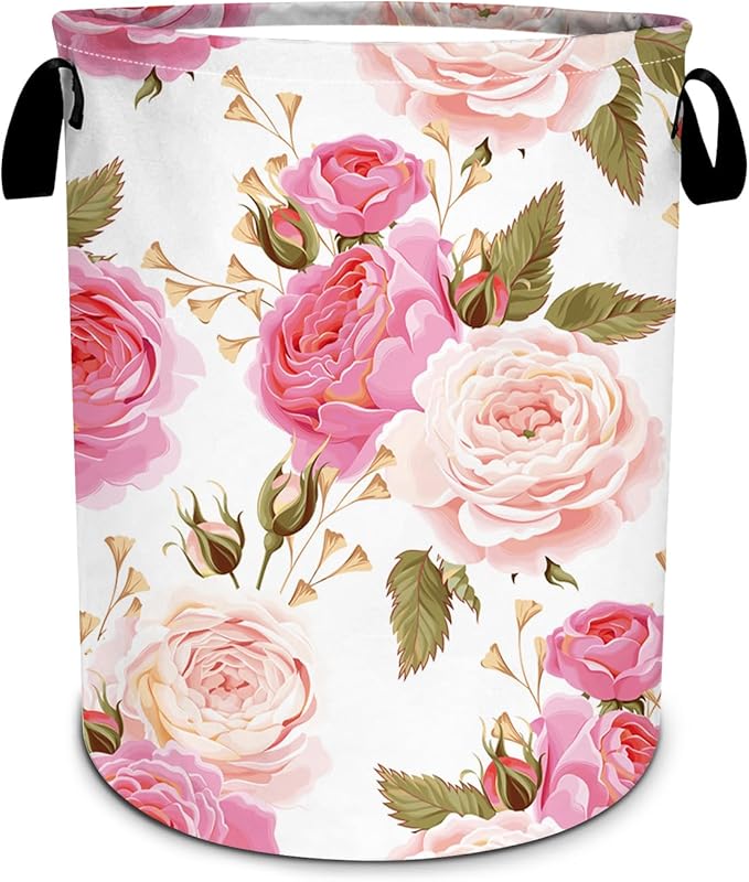 Abstract Pink Rose Laundry Basket, Floral Laundry Hamper Foldable Waterproof Funny Tote Bag Dirty Clothes Storage Bucket Toy Organizer for Bathroom/Laundry/Bedroom 15.7"x19.6"