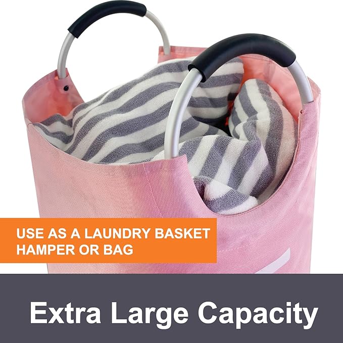 Mziart Large Laundry Basket with Padded Handles, Oxford Fabric Laundry Hamper Tall Laundry Bag Clothes Hamper Laundry Bin Storage Organizer for Bedroom Bathroom College Dorm (90L Pink)