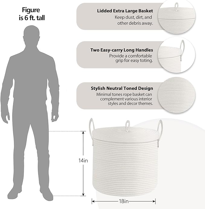 18" X 18" X 14" Extra Large White Basket with Lid, Woven Cotton Rope Basket for Blankets for Living Room, Kids Toy Storage Bin, Wicker Bathroom Towel Storage, All White Bins for Organizing