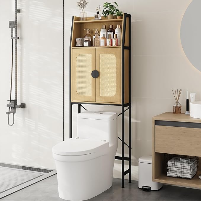 Over The Toilet Storage Cabinet with Rattan Doors, Bathroom Organizer with Adjustable Shelf, Metal Frame & Anti-Tip Device, Space-Saving Wood Cabinet for Bathrooms, Laundry Room, Natural