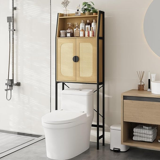Over The Toilet Storage Cabinet with Rattan Doors, Bathroom Organizer with Adjustable Shelf, Metal Frame & Anti-Tip Device, Space-Saving Wood Cabinet for Bathrooms, Laundry Room, Natural