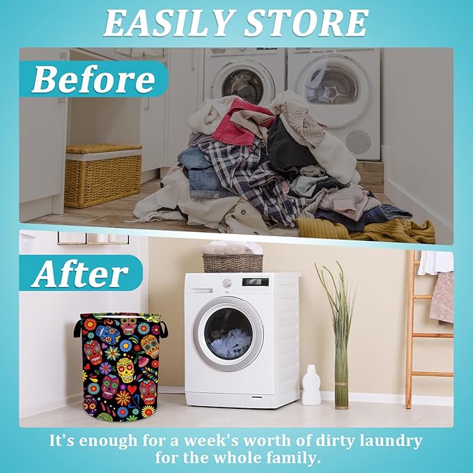Sugar Skull Flower Laundry Basket, Foldable Waterproof Halloween Laundry Hamper Funny Tote Bag Dirty Clothes Storage Bucket Toy Organizer for Bathroom/Laundry/Bedroom 15.7"x19.6"