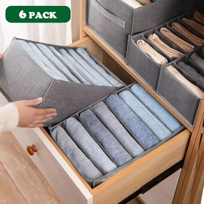 6 PACK Jeans Organizers for Closet, Foldable Wardrobe Clothes Organizer, Stackable Closet Clothes Drawer Organizer Tshirts with 7 Grids for Leggings, Sweater, Jean, Pants, Grey