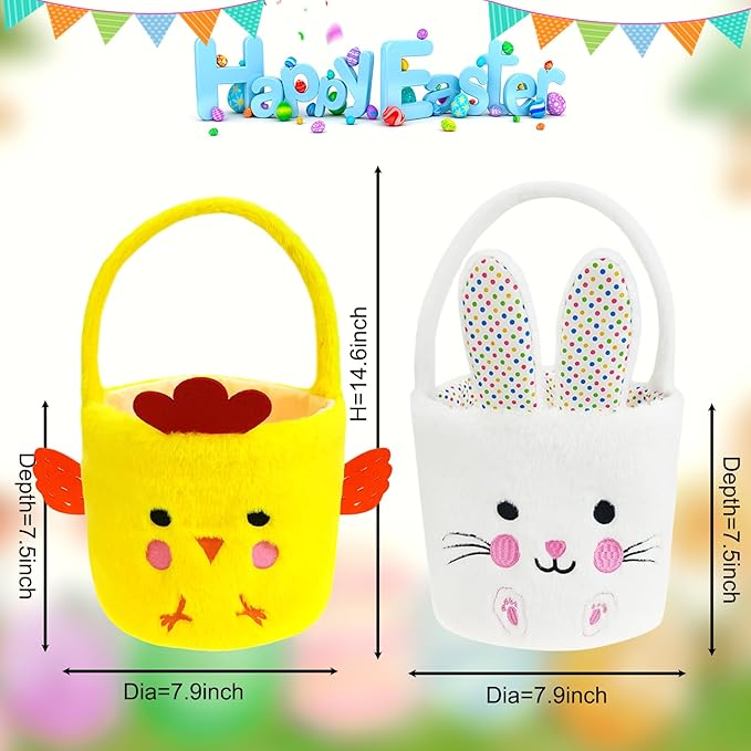 DearSun 2 Pcs Easter Basket Bunny & Chick Plush Baskets, Easter Egg Hunting Basket for Kids Gifts Party Decoration Supplies, Dia 8" * H 15.7"