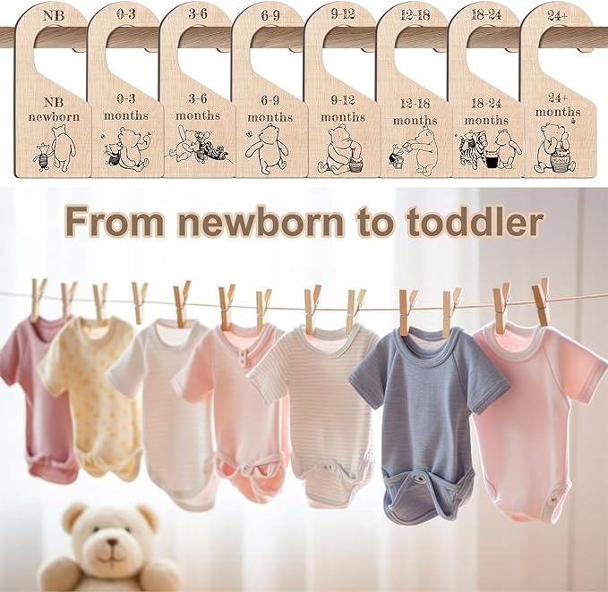 8Pcs Winnie Baby Closet Dividers for Newborn, Classic Winnie Baby Nursery Decor Wooden Hanger, the Pooh Clothes Dividers for Closet, Double-Sided Party Decor