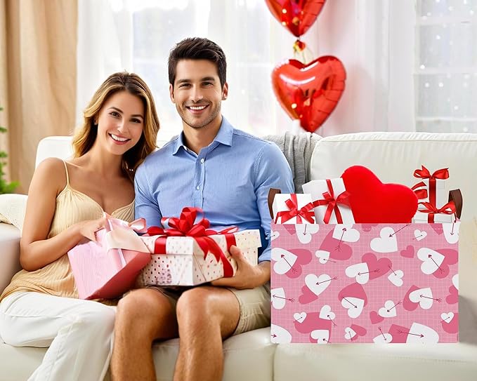 Large Valentine's Day Basket Heart Shaped Storage Bin for Gifts Collapsible Organizer Room Decor (Arrow White Pink Love)