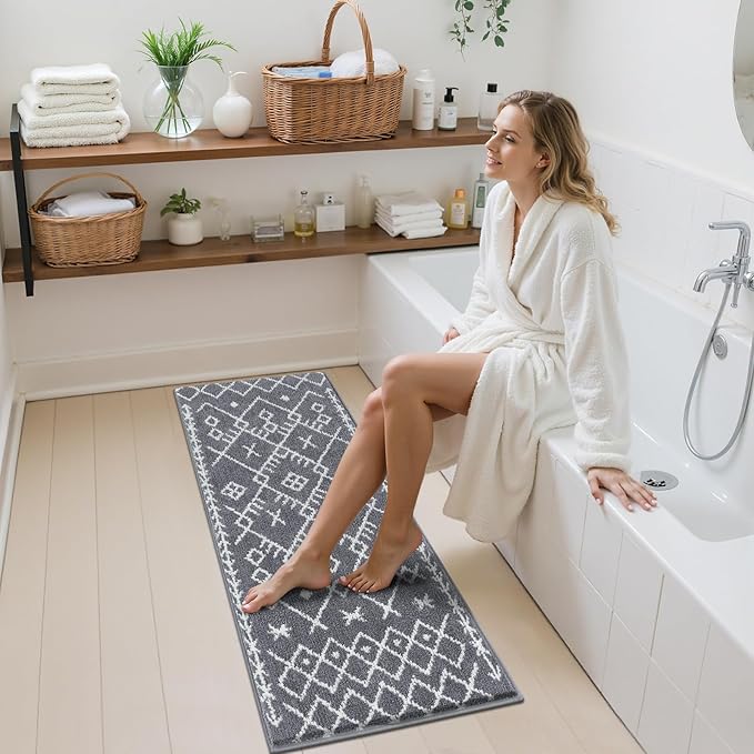 HEBE Bathroom Rugs Sets 5 Piece, Soft Absorbent Microfiber Bath Mat for Bathroom, Non Slip Washable Bath Rug Set with Toilet Cover, Bath Runner and U-Shaped Contour Toilet Rug, Dark Grey