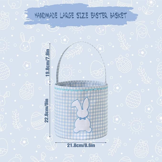 DYSHAYEN Bunny Easter Basket, Gingham Empty Easter Bucket with Handle for Easter Egg Hunts Party Favor Decorations (Blue)