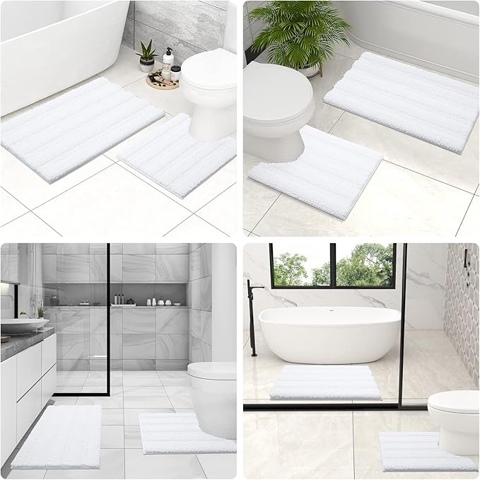Grandaily Chenille Striped Toilet Rugs U-Shaped 24x20, Extra Soft and Absorbent Bathroom Rugs, Non-Slip Plush Shaggy Bath Rug, Machine Washable Contour Bath Mats for Toilet Base, White
