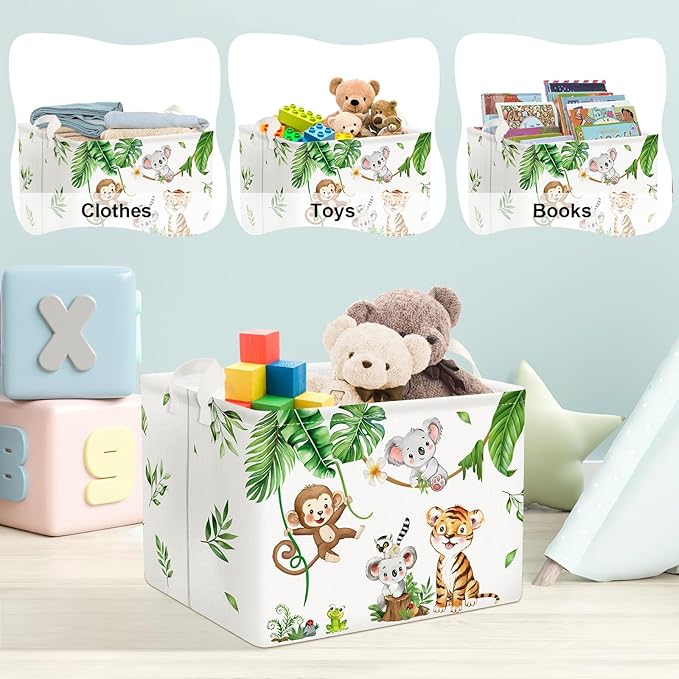 Clastyle 36L Large Safari Animals Elephant Shelf Basket Lion Rectangle Collapsible Dirty Clothes Baby Basket Jungle Koala Giraffe Book Toy Storage Bin for Nursery