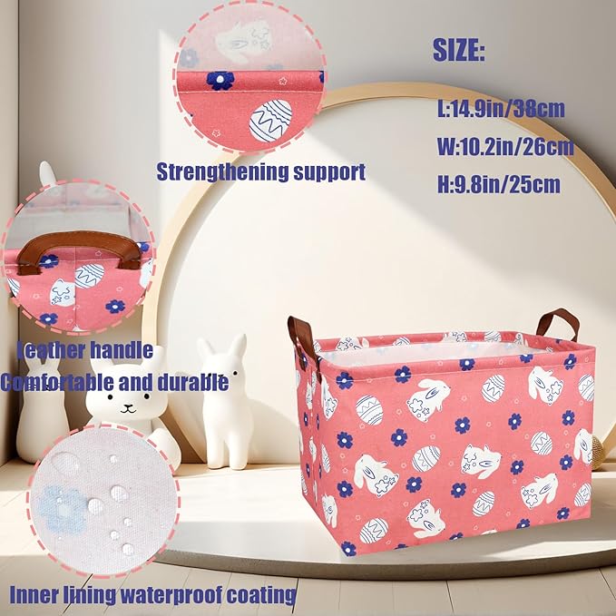 Large Rectangular Cute Kid Easter Basket Empty Bunny Eggs Easter Basket Gift Spring Room Storage Organizer Décor (Rabbit Pink Background)