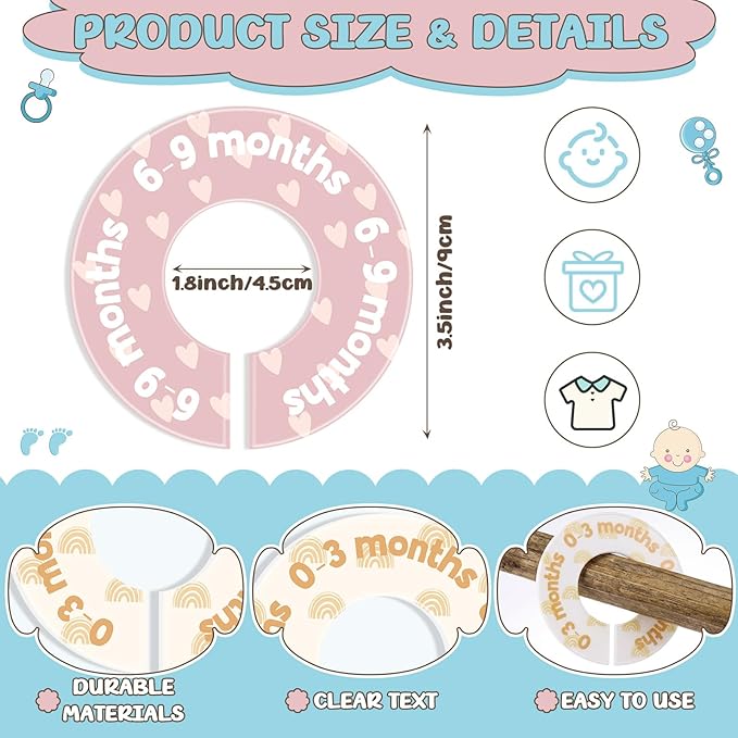 BreezeHug Baby Closet Dividers for Clothes 8 Pack Round Double-sided Size Markers from Newborn to 24+ Months Nursery Closet Organizer Decor Cute Hanger Dividers Fits Most Rods