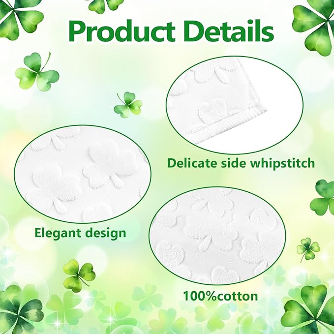 2 Pack St. Patrick's Day Hand Towels White Shamrock Clover Soft 100% Cotton Absorbent Decorative Bathroom Towels Set for Kitchen Bath Workout Hand Face Hair, 13.7'' x 29.5''