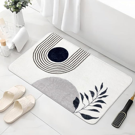17"X24" Boho Bath Rugs for Bathroom Decor Non-Slip Bath Mat Absorbent Plush Microfiber Soft Carpet Machine Washable Bath Mat for Bathrooms,Showers,Laundry Rooms,White and Black