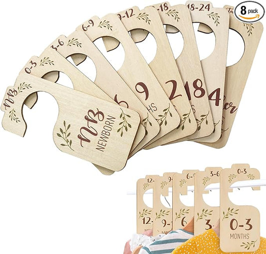 Closet Dividers for Baby Clothes, Wooden Double-Sided Hangers With Size Dividers, Organizer From Newborn to Toddler for Nursery Decor (Leaf)