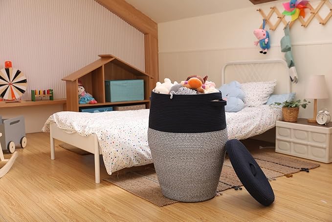 26"x20" Handcrafted Tall Cotton Rope Basket with Lid, Stylish Flagon Shape with Cover, Clothes Hamper with Top, for Bedroom and Living Room, Dark Blue Mix
