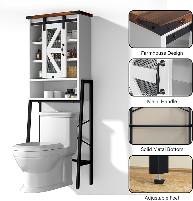 Over The Toilet Storage Cabinet, Above Toilet Storage Cabinet with Adjustable Shelves and Barn Door, Farmhouse Behind Toilet Bathroom Organizer for Bathroom, Laundry Room, Off-White