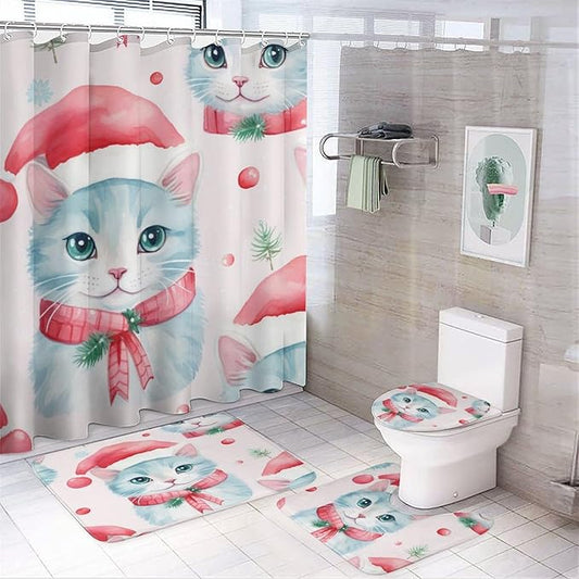 4 Piece Decor Shower Curtains Sets with Rugs Toilet Lid Cover And Bath Mat Christmas Cat Waterproof Shower Curtain Cat Lady Pet Lover for Bathroom Decor Set Merry Christmas Shower Curtain Set
