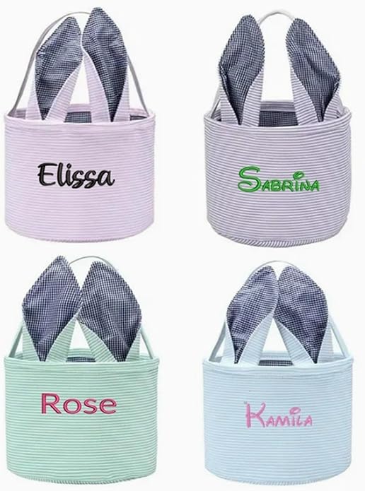 Personalized Seersucker Easter Basket with Gingham Bunny Ears - Custom Embroidered Canvas Basket