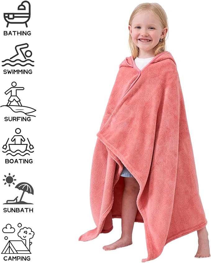 Hiturbo Kids Hooded Bath Towel: Soft Fleece Towel Blanket Cartoon Animal - Pool Beach Towels Wrap 50"x30" for Boys Girls 3-12 Yrs (Pink Rabbit)