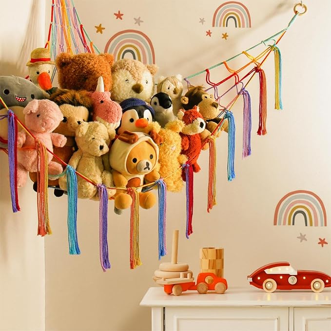 Stuffed Animal Hammock Corner Storage Net Cute Preppy Trendy Stuff Gifts for Teen Girls Baby Room Wall Nursery Decor Rainbow Color Colorful Unicorn Hanging Organizers XL Large