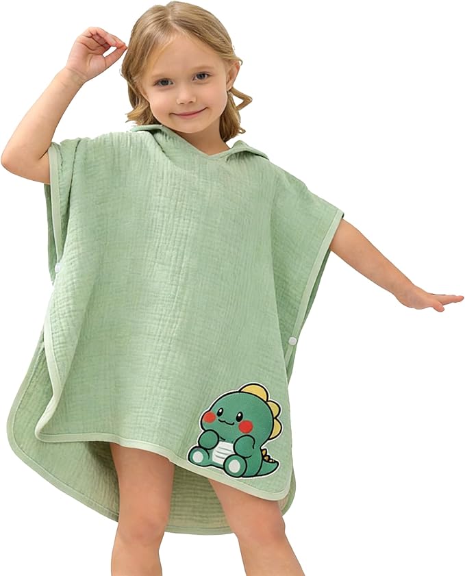 Hooded Towel for Kids 100% Cotton Bath Towel Toddler Beach Essentials with Animal Design 2-6Years (Green, Small)