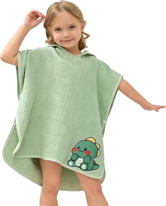 Hooded Towel for Kids 100% Cotton Bath Towel Toddler Beach Essentials with Animal Design 2-6Years (Green, Small)
