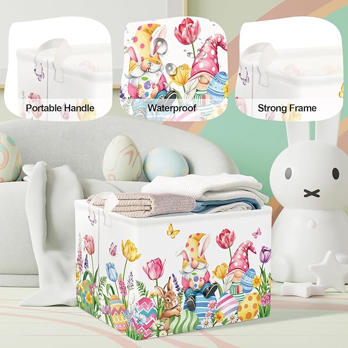 Easter Rabbit Gnome Laundry Hamper Large Storage Basket Cute Tulip Eggs Collapsible Parents Organizer Kids Toy Clothes Bins for Bedroom, Bathroom, Butterfly, 36L