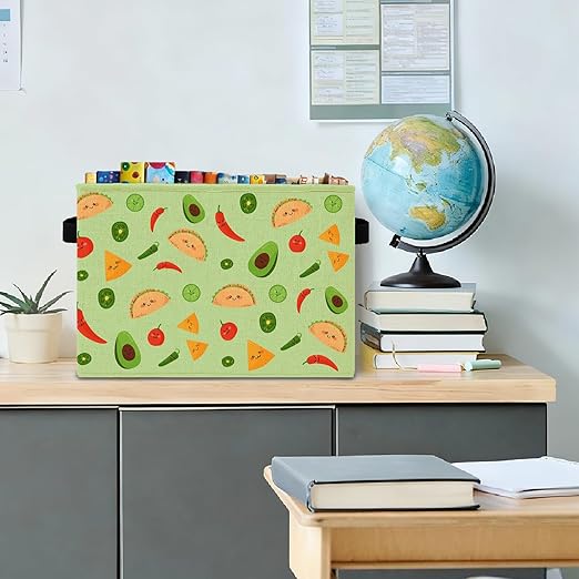 Green Mexican Taco Avocado Storage Bins Box with Handles, Chili Nacho Mexican Food Laundry Basket Hamper Collapsible Clothes Toys Organizer for Home Kitchen Kids Room Playroom