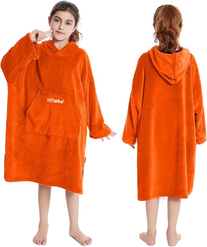 Hiturbo Kids Towel Changing Robe: Soft Plush Wearable Blanket - Warm Coral Fleece Hoodie - Swim Surf Poncho for 5-12 Years (Orange)