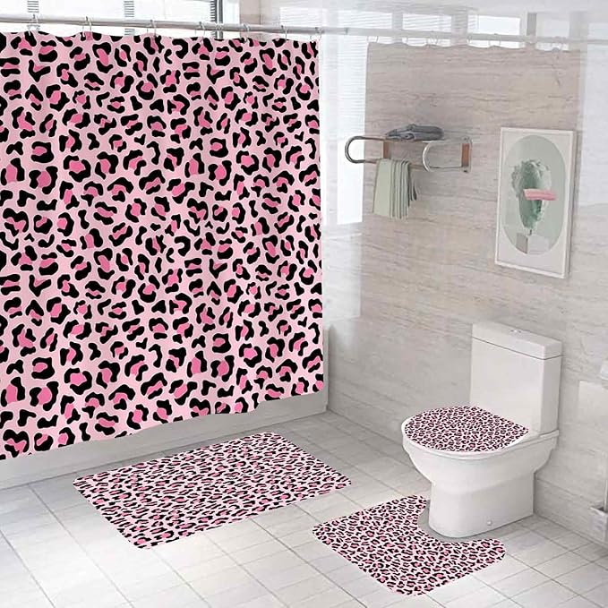 4PCS Pink Leopard Print Shower Curtain Sets With Rugs, Waterproof Fabric Pink Shower Curtain, African Wildlife Safari Animal Cheetah Print Skin Sexy Trendy Chic Aesthetic Modern Bathroom Decor