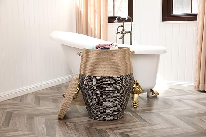 26"x20" Handcrafted Tall Cotton Rope Basket with Lid, Stylish Flagon Shape with Cover, Clothes Hamper with Top, for Bedroom and Living Room, Jute/Black Mix