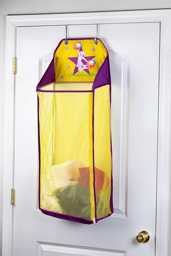 Store & Score Over The Door Hanging Kids Fun LED Cheerleader Light-Up Collapsible Mesh Laundry Hamper, Toy Chest, Heavy Duty Metal Hooks Included. Patent Pending.