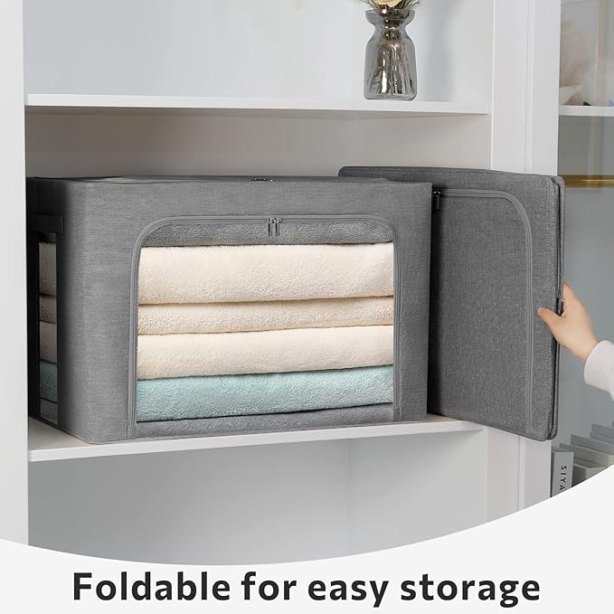 FHSQX 2 Pack Clear Window Storage Bins Stackable Linen Fabric Storage for Clothes Foldable Box Organizer Set with Carrying Handles-36L (Gray, 15.7x 11.8x 11.7 Inch)