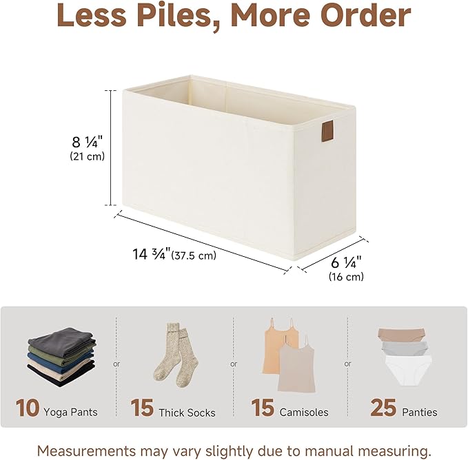 StorageWorks Thin Narrow Baskets for Storage, Small Storage Bins, Fabric Storage Bins with PU Handle, Ideal for Slim Shelves, Clothes, and Toys, Beige, 2-Pack