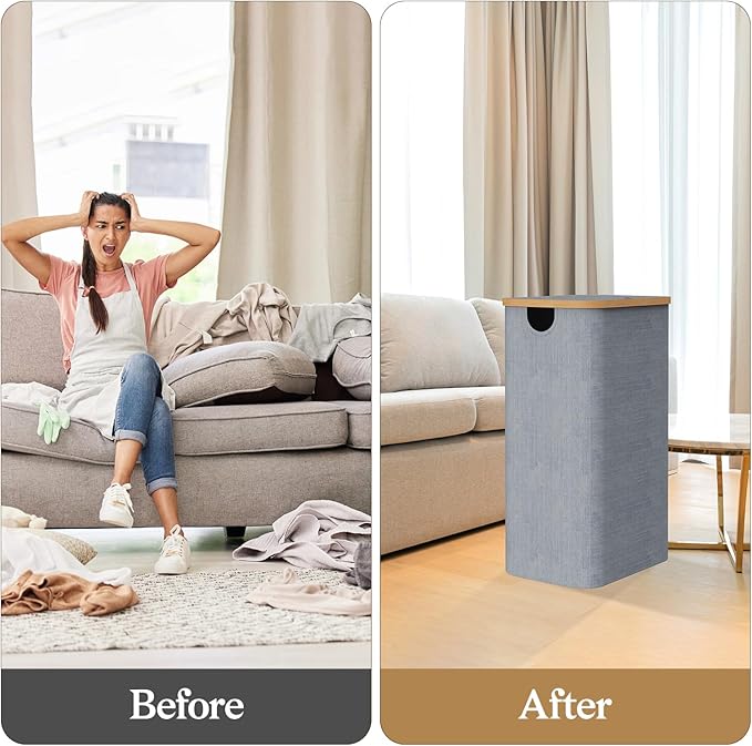 Laundry Basket with Lid, 75L Laundry Hamper with Removable Bag, Travel Dirty Clothes Basket with Bamboo Handles for Bathroom, Bedroom & Laundry Room, Grey