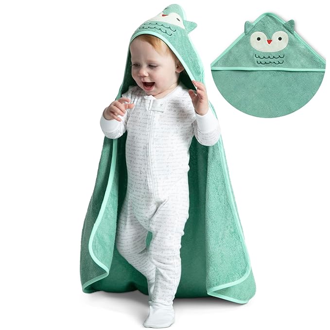 Delta Children Baby/Infant Hooded Bath Towel - Super Soft and Absorbent- Newborn Essential - Ideal Baby Registry/Shower Gift for Boys and Girls, Light Teal Owl