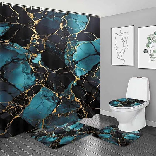 4 Pcs Navy Marble Shower Curtain Sets with Rugs Gold Bathroom Sets with Shower Curtain and Rugs Modern Abstract Bathroom Decor Accessories Shower Curtains for Bathroom Toilet Lid Cover
