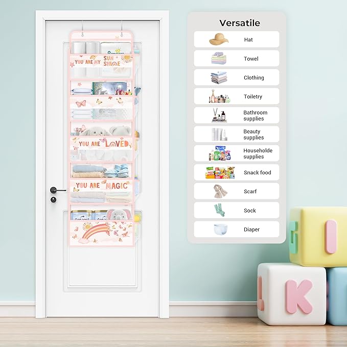 Clastyle Rainbow Over The Door Organizer Cloud Nursery Hanging Storage Organizer for Girls Clothes Diaper Toy Closet Door Hanging Shelf Storage for Bedroom Bathroom Pantry, Butterfly, 5-Tier