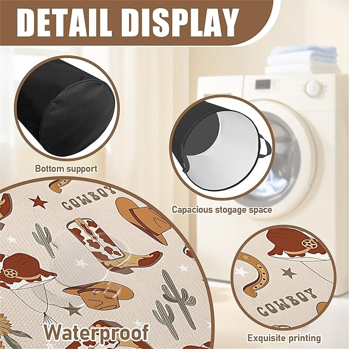 Western Cowboy Cactus Laundry Basket for Boy, Large Canvas Collapsible Organizer Storage Laundry Hamper Basket for Nursery,Office,Toy Organizer,Home,Decor - 19.7" X 15.7 "